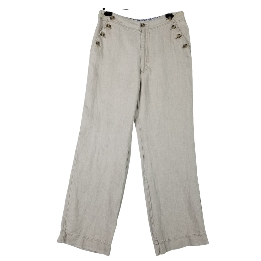 Sundance Linen Sailor Pants Womens 12 Oatmeal Wide Leg Button Detail Cinch Back
